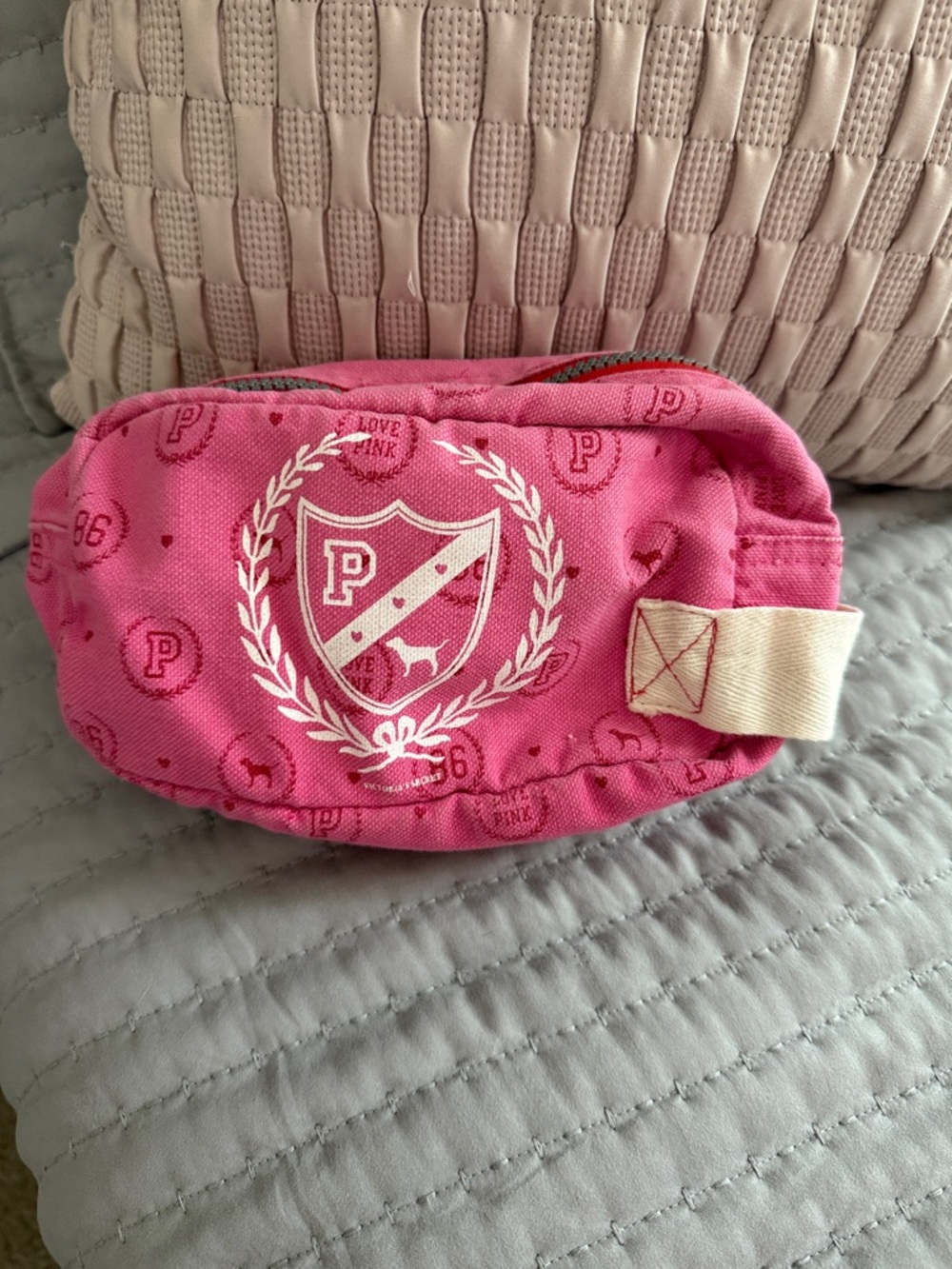 PINK Victoria's Secret Hot Pink cosmetics Canvas Bag with Crest